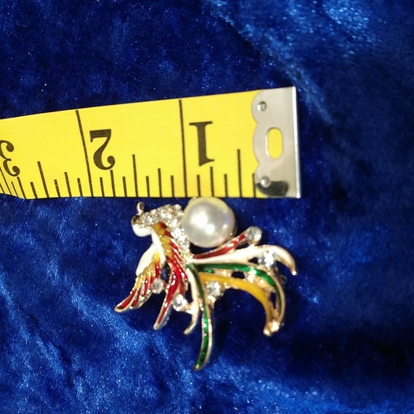 Enamel Bird Long Tail Brooch Pin Faux Pearl Rhinestone Accents Bling - Picture 6 of 6